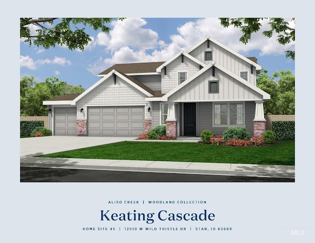 view of front facade with fence, an attached garage, a front yard, board and batten siding, and driveway