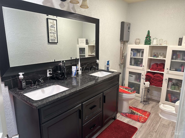 bathroom with hardwood / wood-style flooring, vanity, and toilet