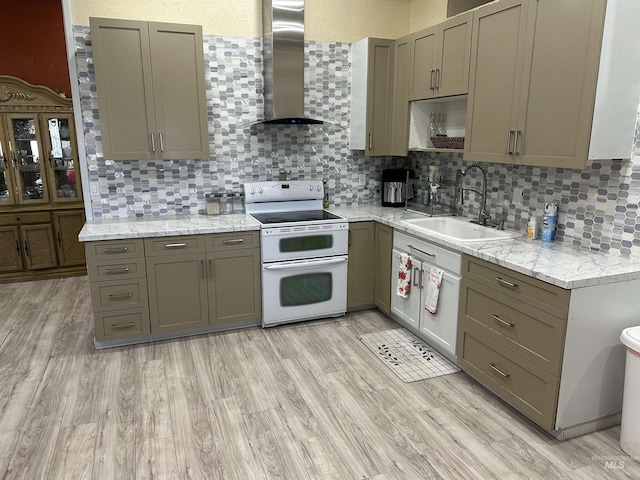 kitchen with sink, light hardwood / wood-style flooring, range hood, tasteful backsplash, and white range with electric stovetop