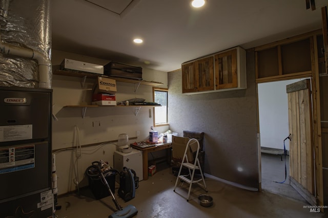 kitchen with recessed lighting, open shelves, and unfinished concrete flooring