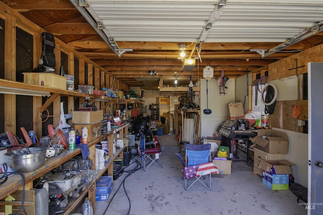 garage with a workshop area