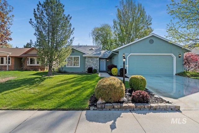 5710 N Oasis Dr, Garden City, ID 83714 - single story home with an attached garage, stone siding, a front yard, and driveway