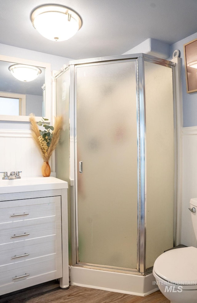 304 6th Ave, Lewiston, ID 83501 - bathroom with vanity, a stall shower, toilet, and wood finished floors