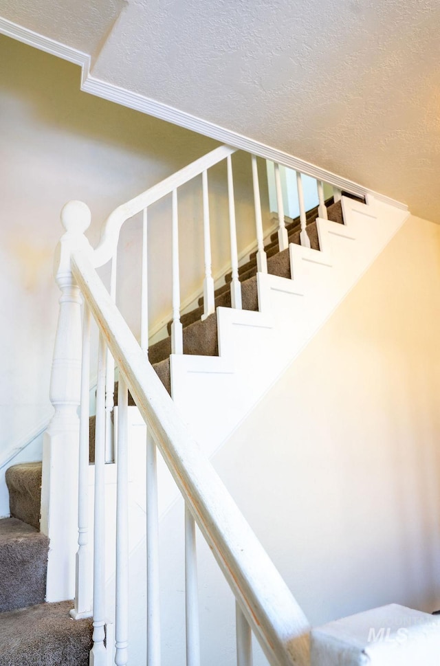 304 6th Ave, Lewiston, ID 83501 - stairway featuring a textured ceiling, carpet, and crown molding