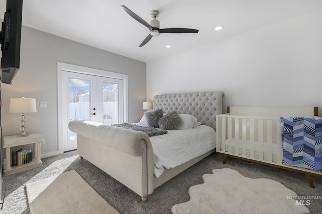 922 Victory Dr, Gooding, ID 83330 - carpeted bedroom featuring baseboards, ceiling fan, recessed lighting, french doors, and access to outside