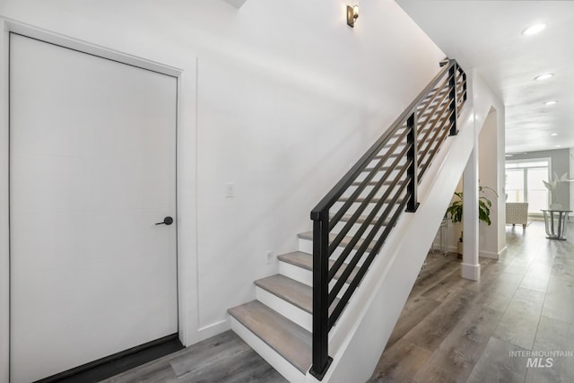 922 Victory Dr, Gooding, ID 83330 - stairway with recessed lighting, baseboards, and wood finished floors