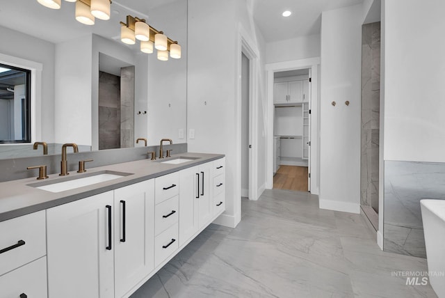 bathroom featuring walk in shower and vanity