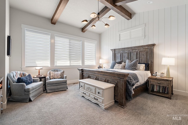 5209 W Strant Steet, Eagle, ID 83616 - bedroom with a chandelier, light colored carpet, and beamed ceiling