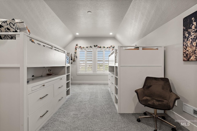 5209 W Strant Steet, Eagle, ID 83616 - bedroom featuring lofted ceiling, a textured ceiling, light carpet, and recessed lighting