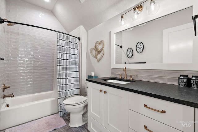 5209 W Strant Steet, Eagle, ID 83616 - full bathroom with vanity, shower / bath combination with curtain, vaulted ceiling, and tile patterned floors