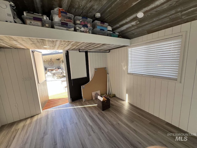 unfurnished bedroom featuring wooden walls, wood finished floors, and multiple windows