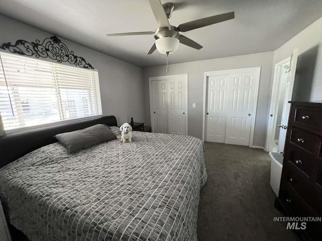 bedroom featuring dark colored carpet, multiple closets, and a ceiling fan