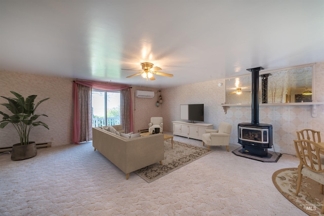 50 S 200 W, Jerome, ID 83338 - living room with a wood stove, a ceiling fan, carpet, and a wall mounted air conditioner