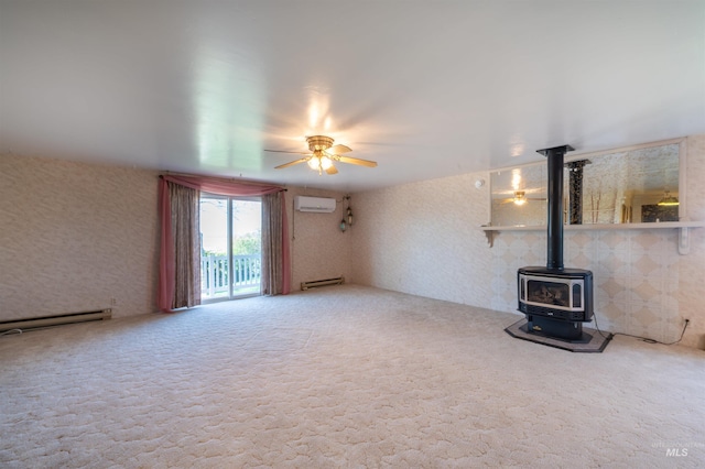 50 S 200 W, Jerome, ID 83338 - unfurnished living room with a baseboard heating unit, a wood stove, a wall mounted AC, a ceiling fan, and carpet floors
