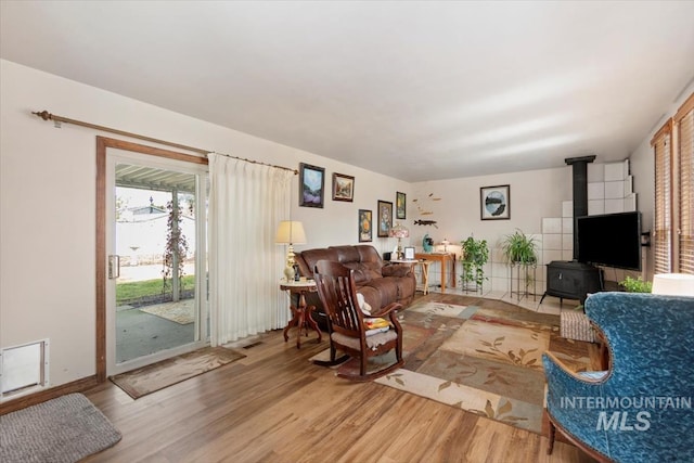 living area with a wood stove and light wood finished floors