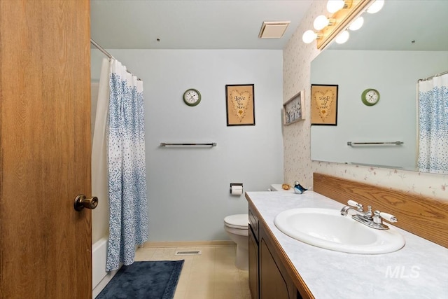 full bathroom with tile patterned floors, visible vents, toilet, baseboards, and vanity