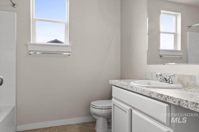 full bathroom featuring tile patterned flooring, vanity, shower / bath combination, and toilet