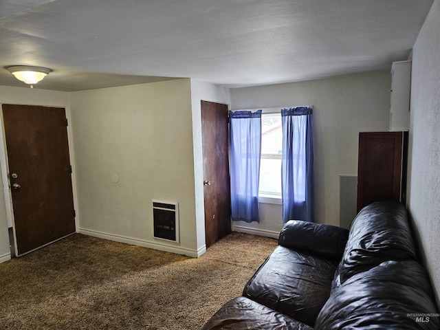 carpeted living room featuring heating unit