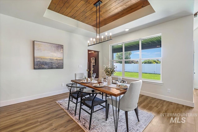 3160 Crescent Moon Rd, Twin Falls, ID 83301 - dining space featuring a tray ceiling, wooden ceiling, wood finished floors, and a chandelier