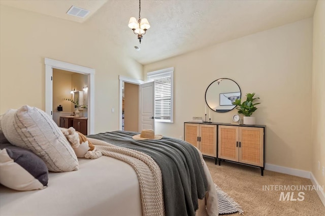 187 E Wishbone Ct, Boise, ID 83706 - bedroom featuring light carpet, vaulted ceiling, baseboards, a chandelier, and ensuite bathroom