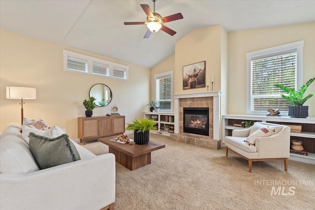 187 E Wishbone Ct, Boise, ID 83706 - carpeted living area with ceiling fan, a fireplace, and high vaulted ceiling
