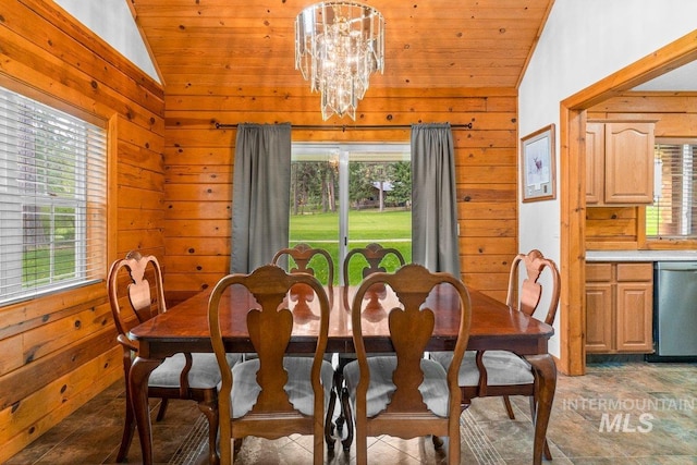 14 Sunrise Dr, Garden Valley, ID 83622 - dining room with wooden walls, wood ceiling, a notable chandelier, and lofted ceiling