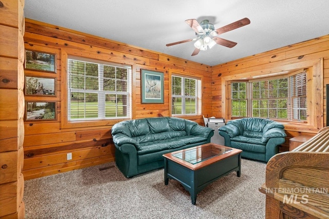 14 Sunrise Dr, Garden Valley, ID 83622 - carpeted living room with a ceiling fan and wood walls