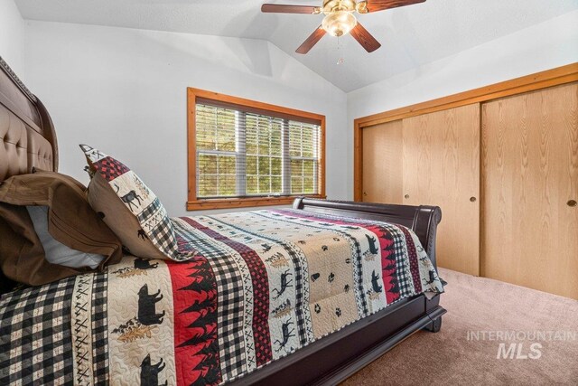 14 Sunrise Dr, Garden Valley, ID 83622 - carpeted bedroom featuring a closet, ceiling fan, and vaulted ceiling