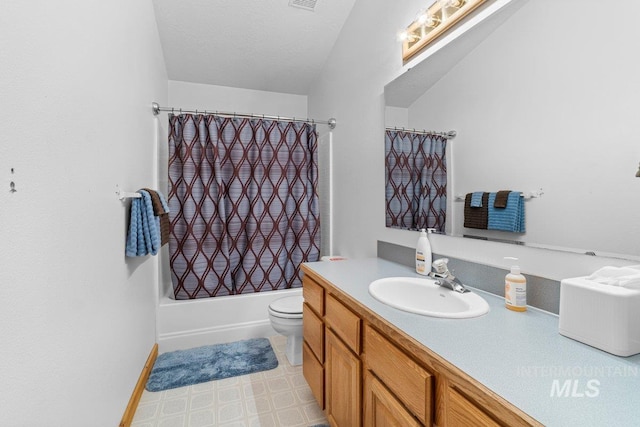 14 Sunrise Dr, Garden Valley, ID 83622 - bathroom with shower / bath combo, vanity, toilet, baseboards, and visible vents