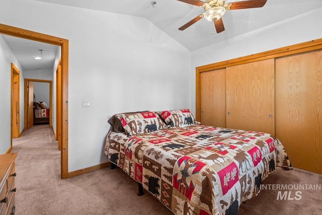 14 Sunrise Dr, Garden Valley, ID 83622 - carpeted bedroom with a ceiling fan, baseboards, lofted ceiling, and a closet