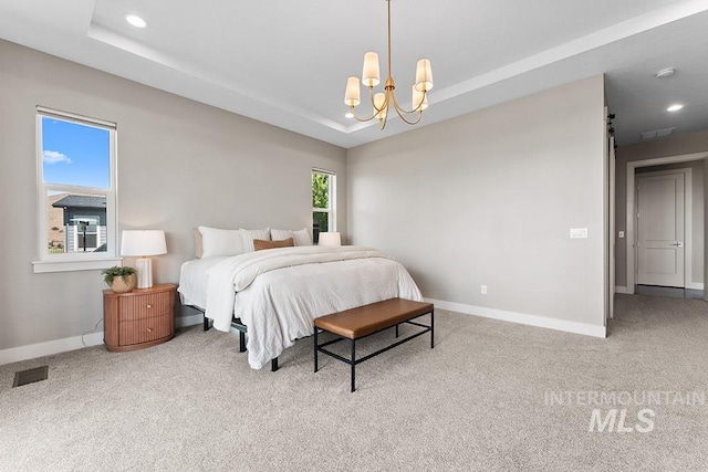 5557 E Hootowl Dr, Boise, ID 83716 - carpeted bedroom with baseboards, recessed lighting, a tray ceiling, and a chandelier