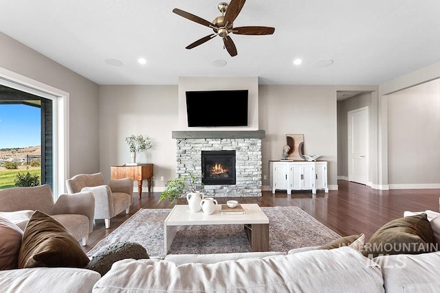 5557 E Hootowl Dr, Boise, ID 83716 - living room featuring wood finished floors, a ceiling fan, a fireplace, baseboards, and recessed lighting