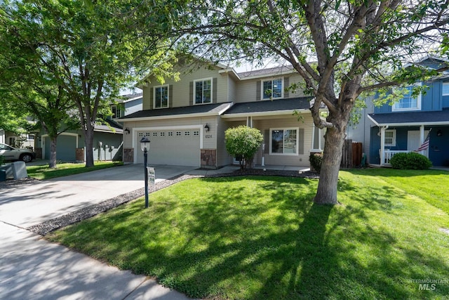 6524 S Derbyshire Ave, Boise, ID 83709 - traditional-style house with a garage, driveway, a front lawn, and stone siding