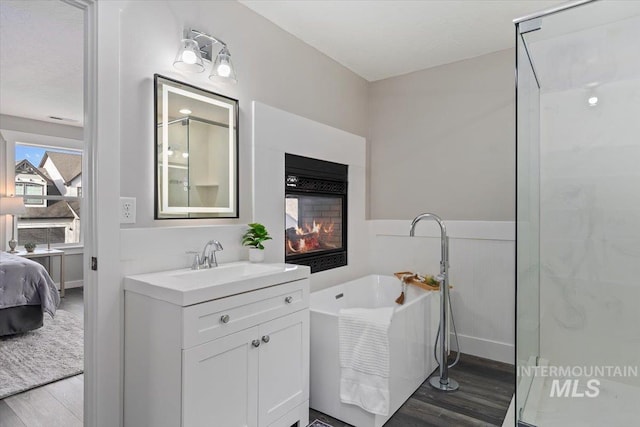 bathroom with hardwood / wood-style flooring, a washtub, and vanity