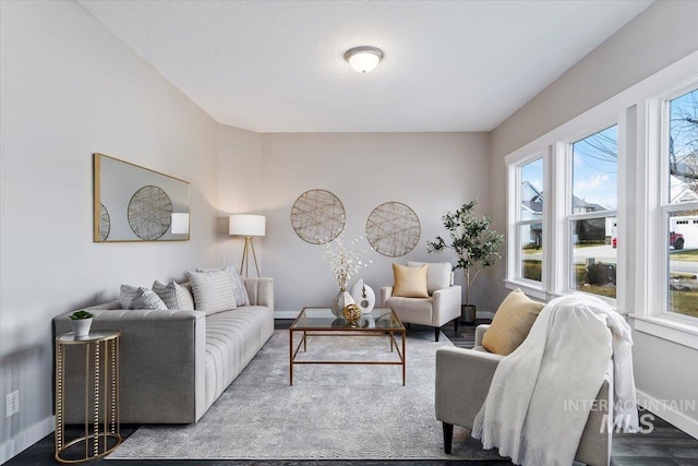 living room featuring a wealth of natural light and wood-type flooring