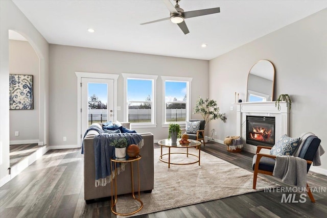 living room featuring ceiling fan and dark hardwood / wood-style flooring