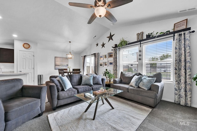 living area with ceiling fan, carpet floors, recessed lighting, lofted ceiling, and visible vents