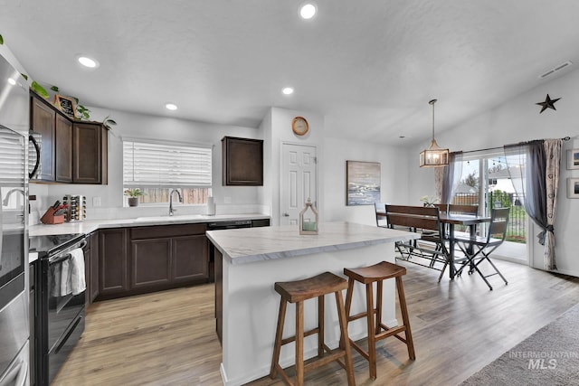 kitchen with plenty of natural light, a sink, dark brown cabinets, and stainless steel appliances