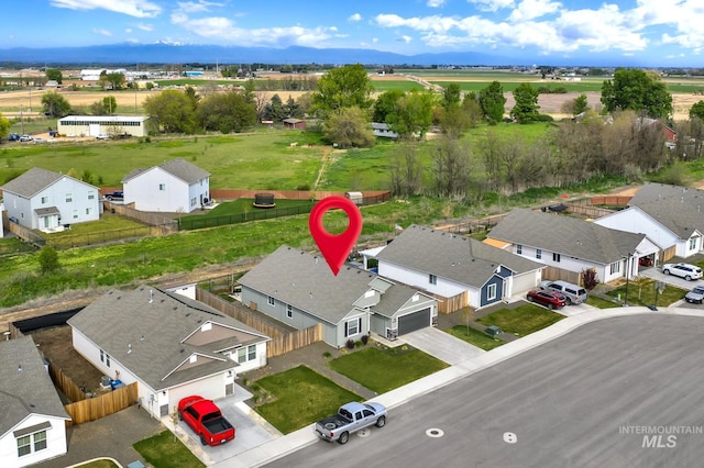 bird's eye view with a rural view and a residential view