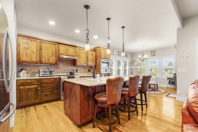 kitchen featuring under cabinet range hood, a sink, appliances with stainless steel finishes, decorative backsplash, and light wood finished floors