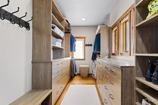 walk in closet with light hardwood / wood-style flooring