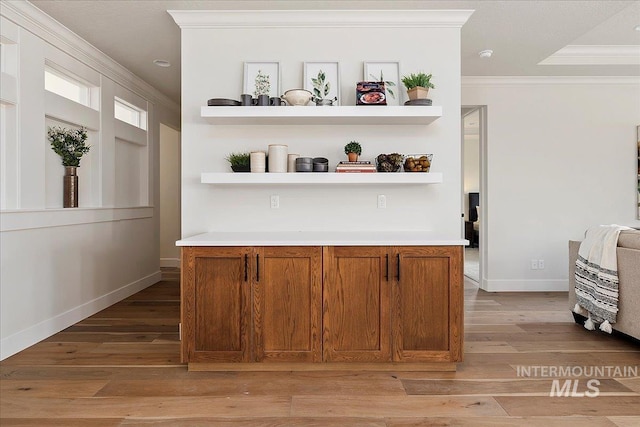 bar with light hardwood / wood-style floors and crown molding