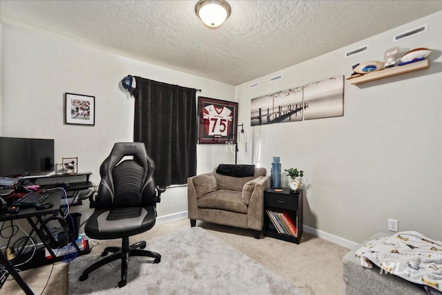 home office featuring light colored carpet and a textured ceiling