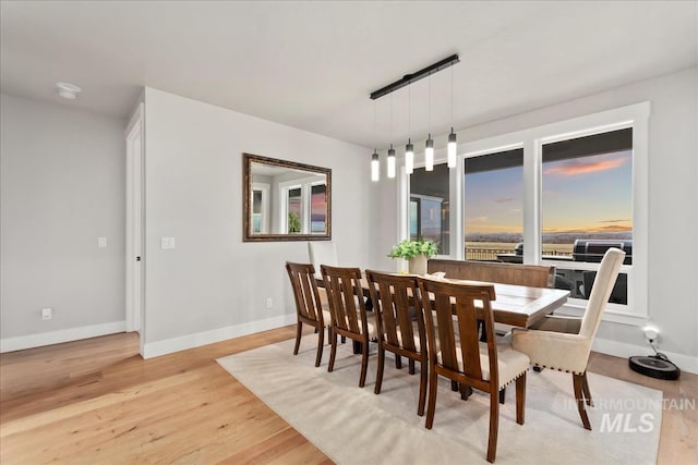 dining room featuring rail lighting, baseboards, and light wood finished floors