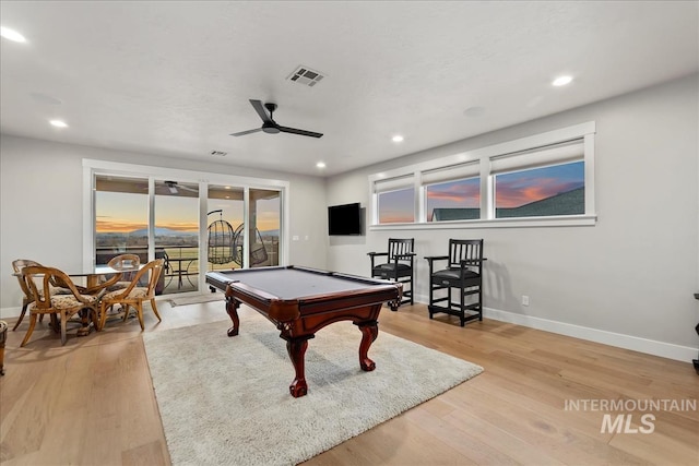 rec room with wood finished floors, baseboards, visible vents, ceiling fan, and pool table