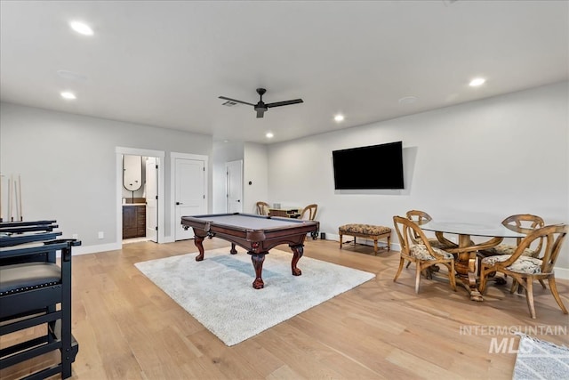 recreation room featuring recessed lighting, light wood-type flooring, a ceiling fan, and pool table