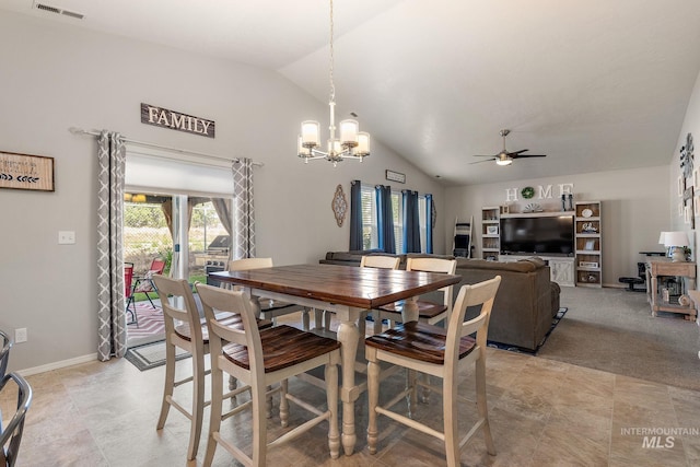 13221 S Clarion River Ave, Nampa, ID 83686 - dining room featuring lofted ceiling, a ceiling fan, a chandelier, and baseboards
