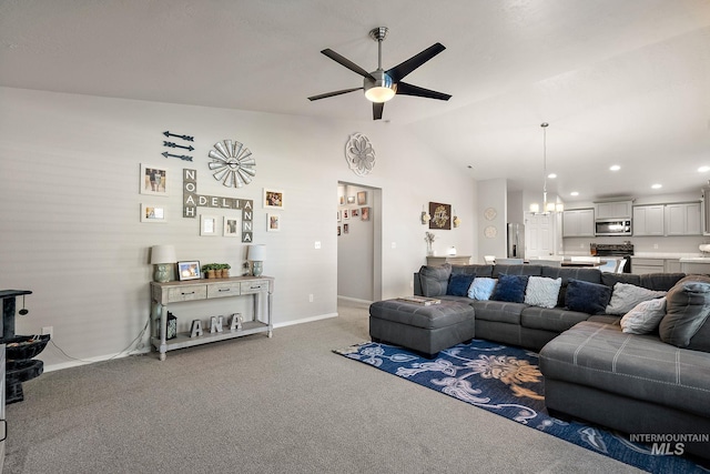 13221 S Clarion River Ave, Nampa, ID 83686 - living area with carpet floors, lofted ceiling, a ceiling fan, baseboards, and recessed lighting