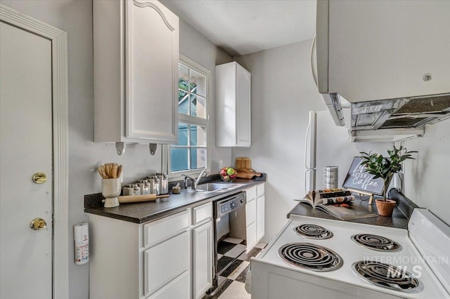 kitchen featuring white cabinets, dishwasher, light tile patterned floors, range, and sink