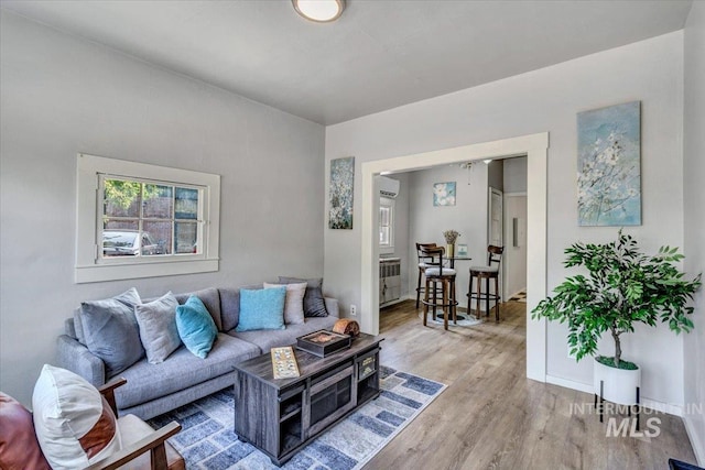 living room featuring radiator and hardwood / wood-style flooring